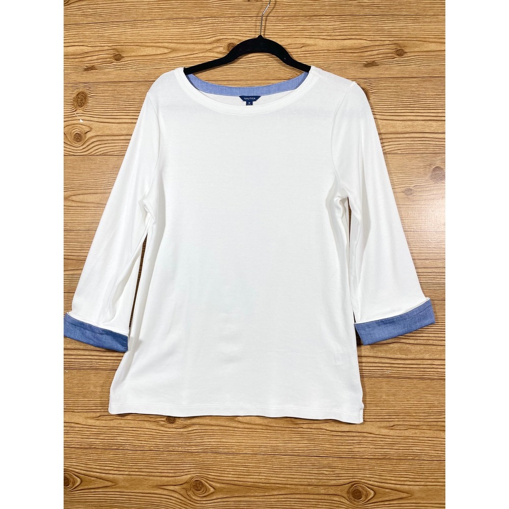 Nautica Boat Neck Top Womens‎ M White 3/4 Sleeve Chambray Cuff Cotton